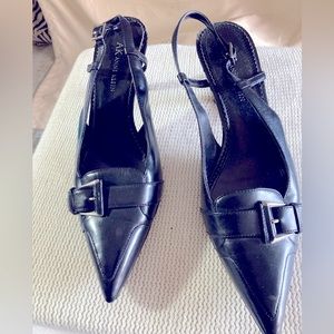 Anne Klein business black leather sling backs with short heel, size 7.5